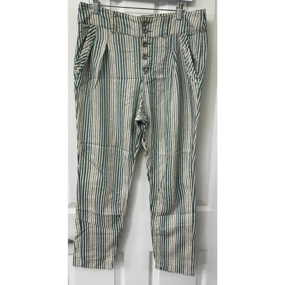 Free People size 6 cream stripe teal pants 100% cotton button fly ($128 retail) - Picture 4 of 6